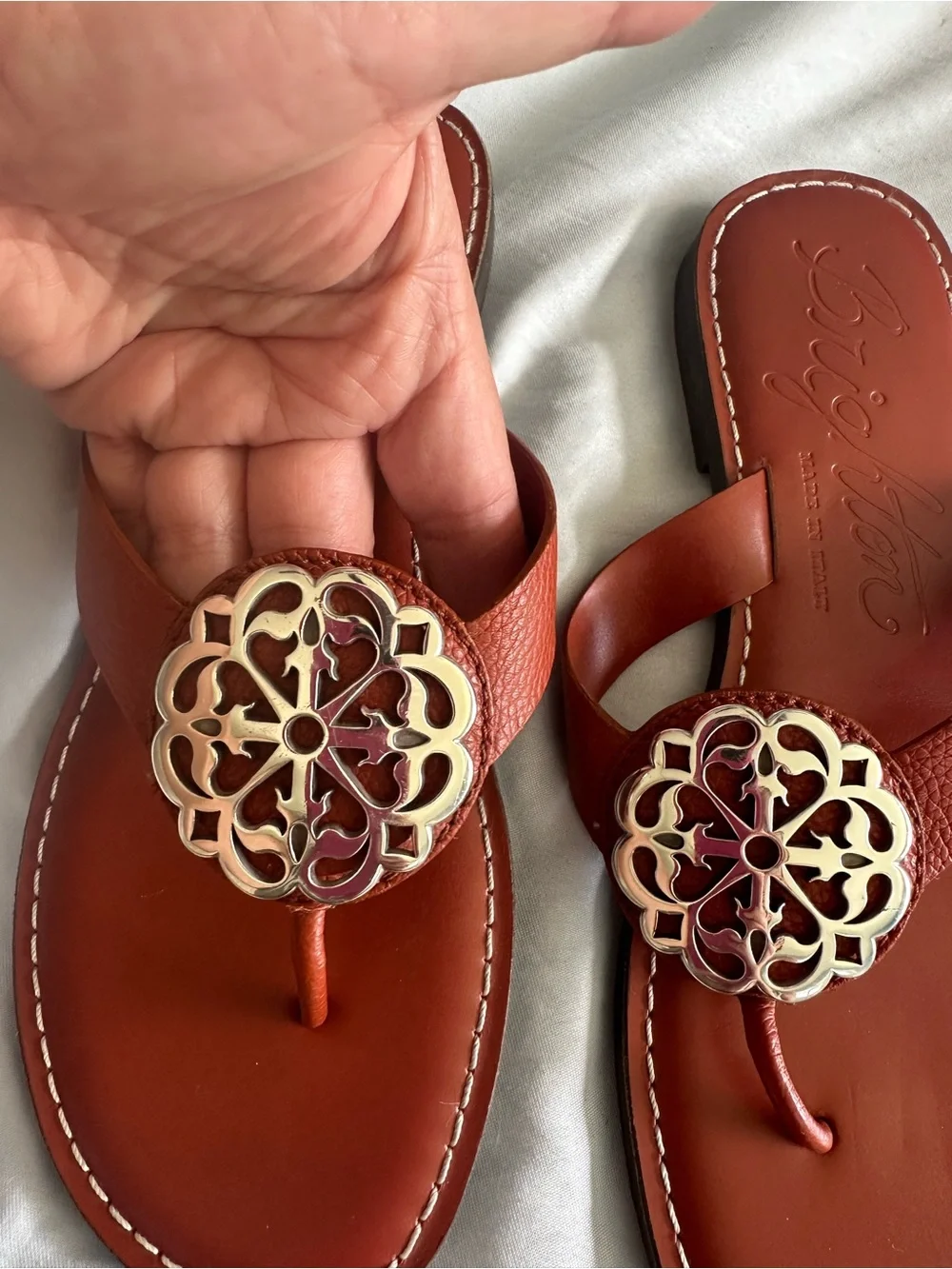 Brighton Orange Leather Thong Sandals with Decorative Medallions
